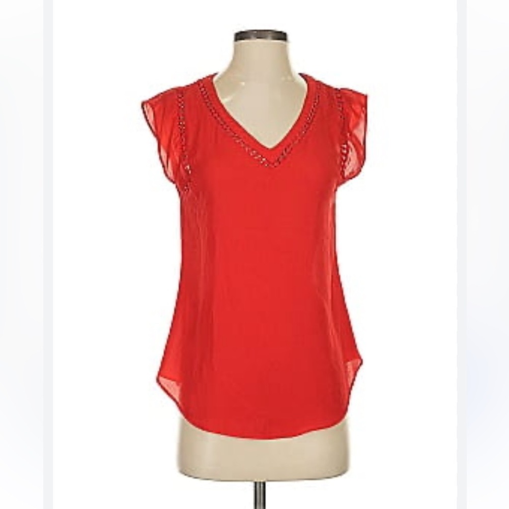 41 Hawthorne Women’s V- Neck Top SzM Red Lattice Detail